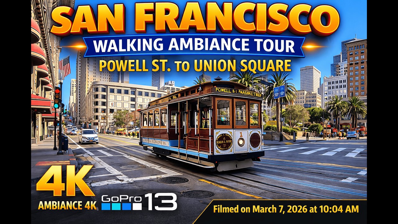 San Francisco Walking Ambiance Tour - Powell St. to Union Square - Shops - Cafes - City Ambiance 4K