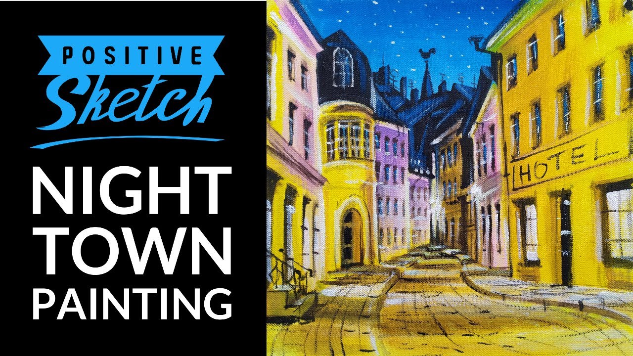 Acrylic painting, Night Town, City painting tutorial
