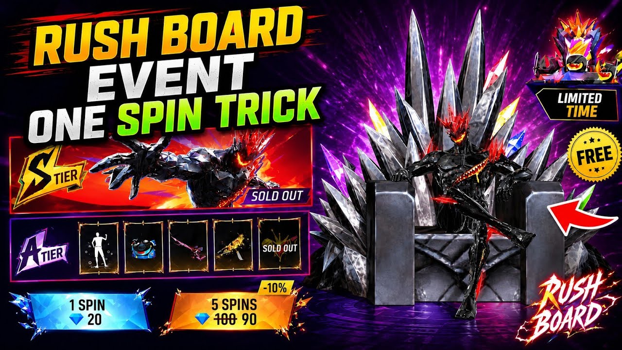 New Rush Board Event - One Spin Trick 🤯 Dark Desires Legendary Bundle | Free Fire New Update 🔥