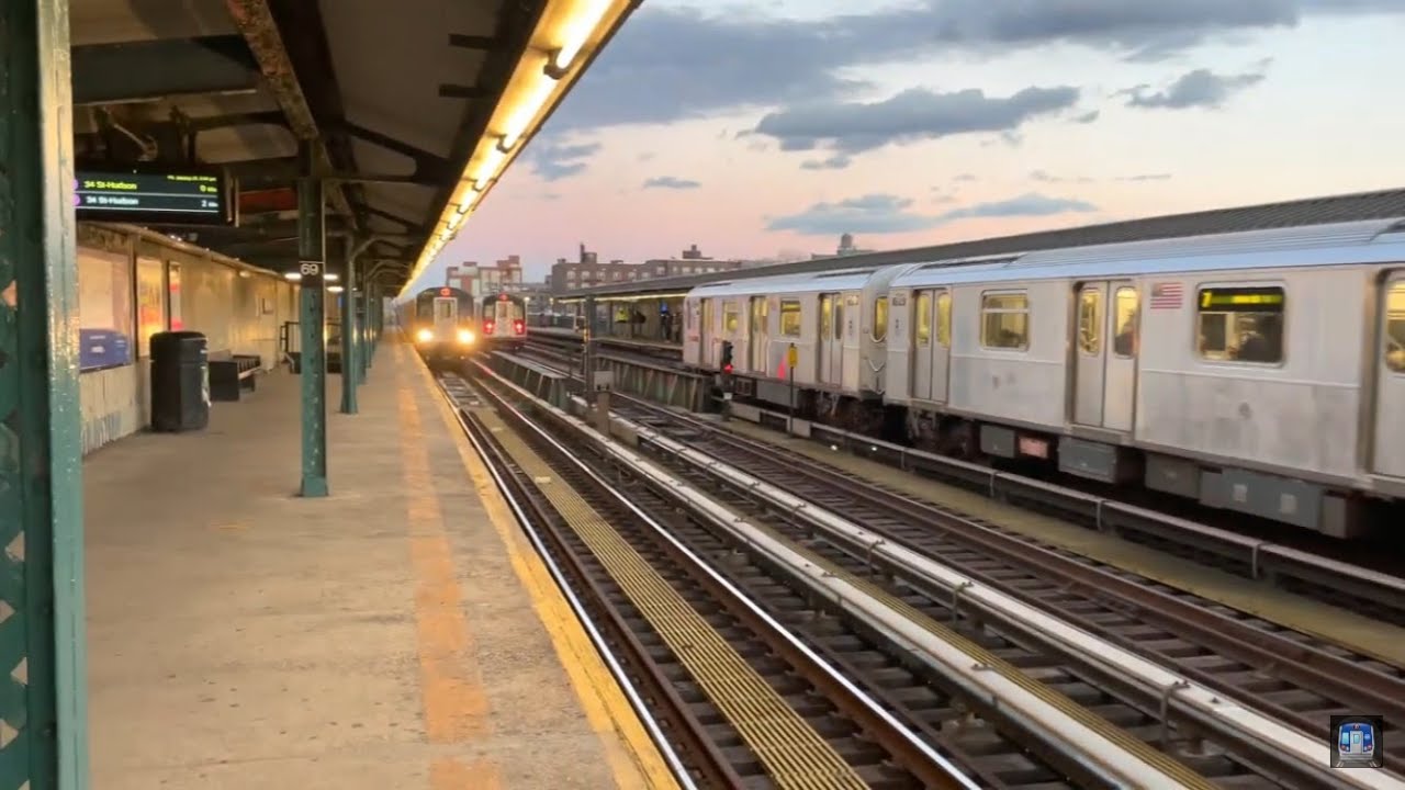 PM Rush Hour R188 7 Local/Express Trains At 69th Street Fisk Avenue