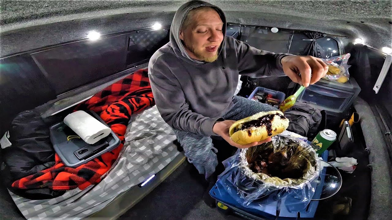 Truck Camping In Rain And Snow - Crockpot Meatball Sub Sandwich