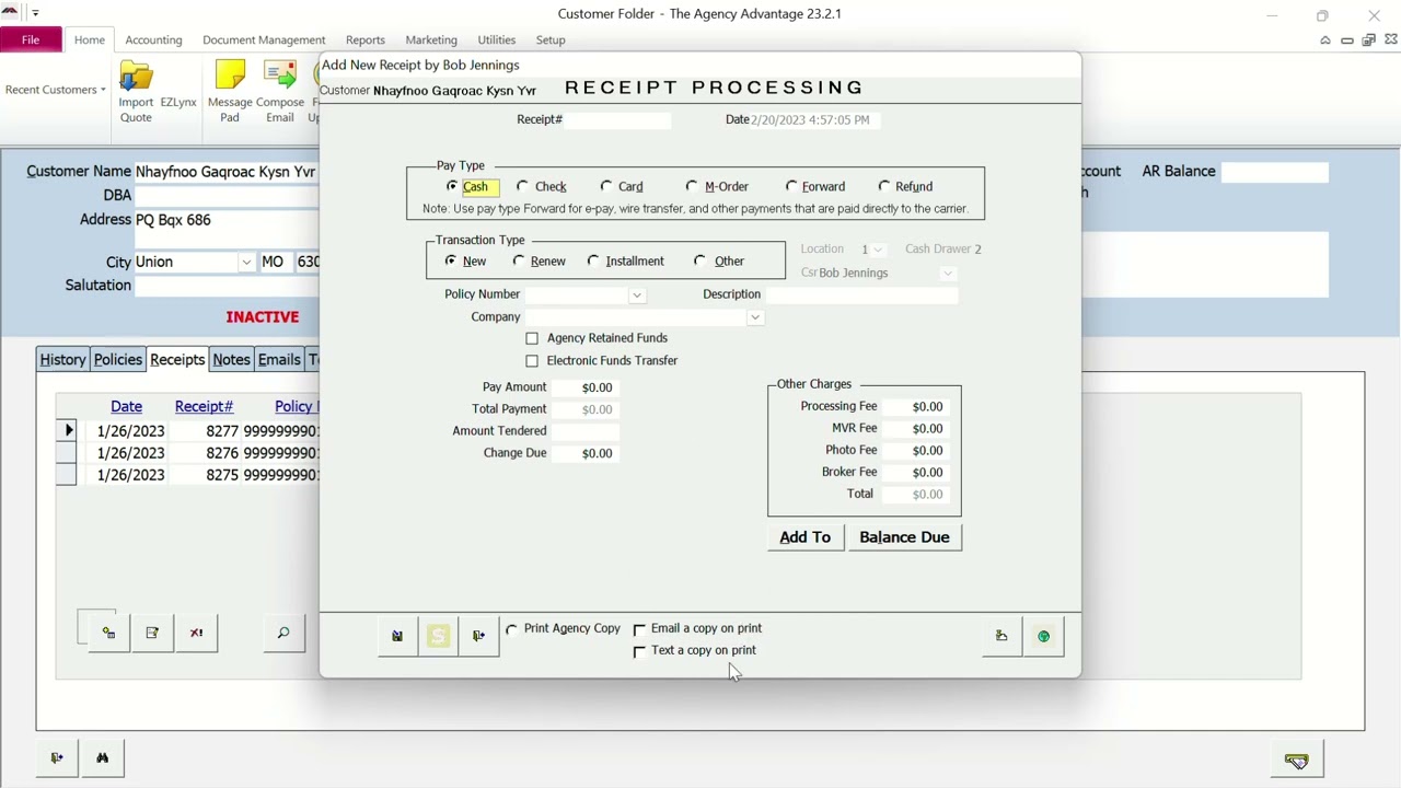 Agency Advantage - Text Option for Receipt
