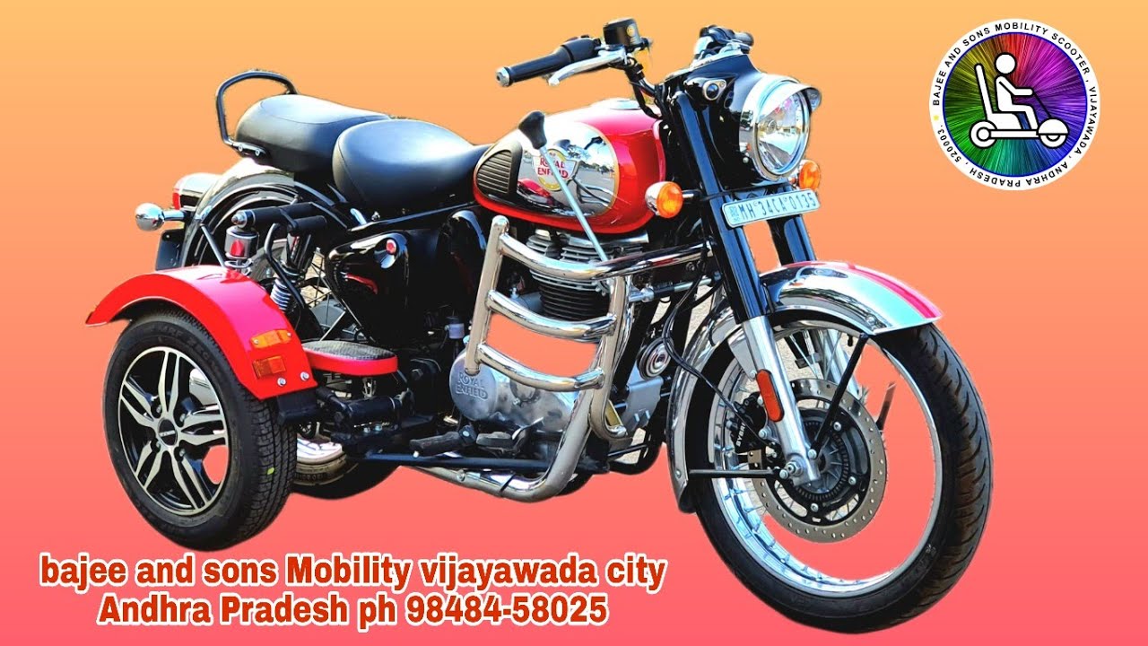 THREE WHEELER ROYAL ENFIELD CLASSIC MODIFIED BY BAJEE AND SONS MOBILITY VIJAYAWADA PH 98484-58025.