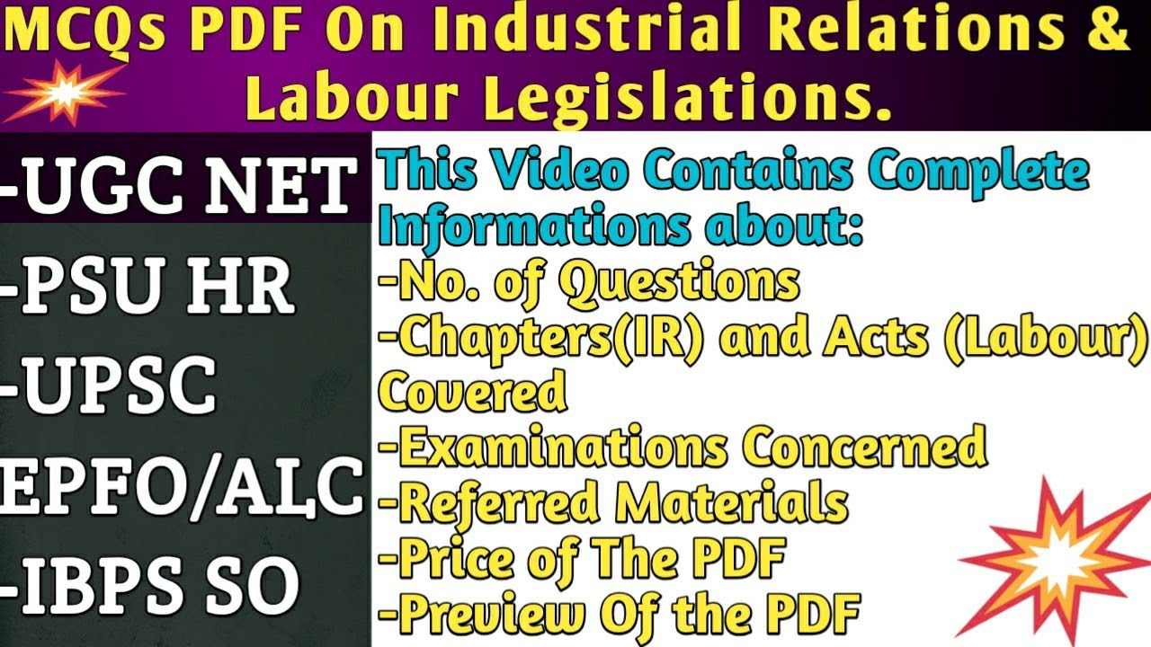MCQs On Industrial Relations & Labour Legislations || PDF || UGC NET || UPSC EPFO/ALC || PSU HR