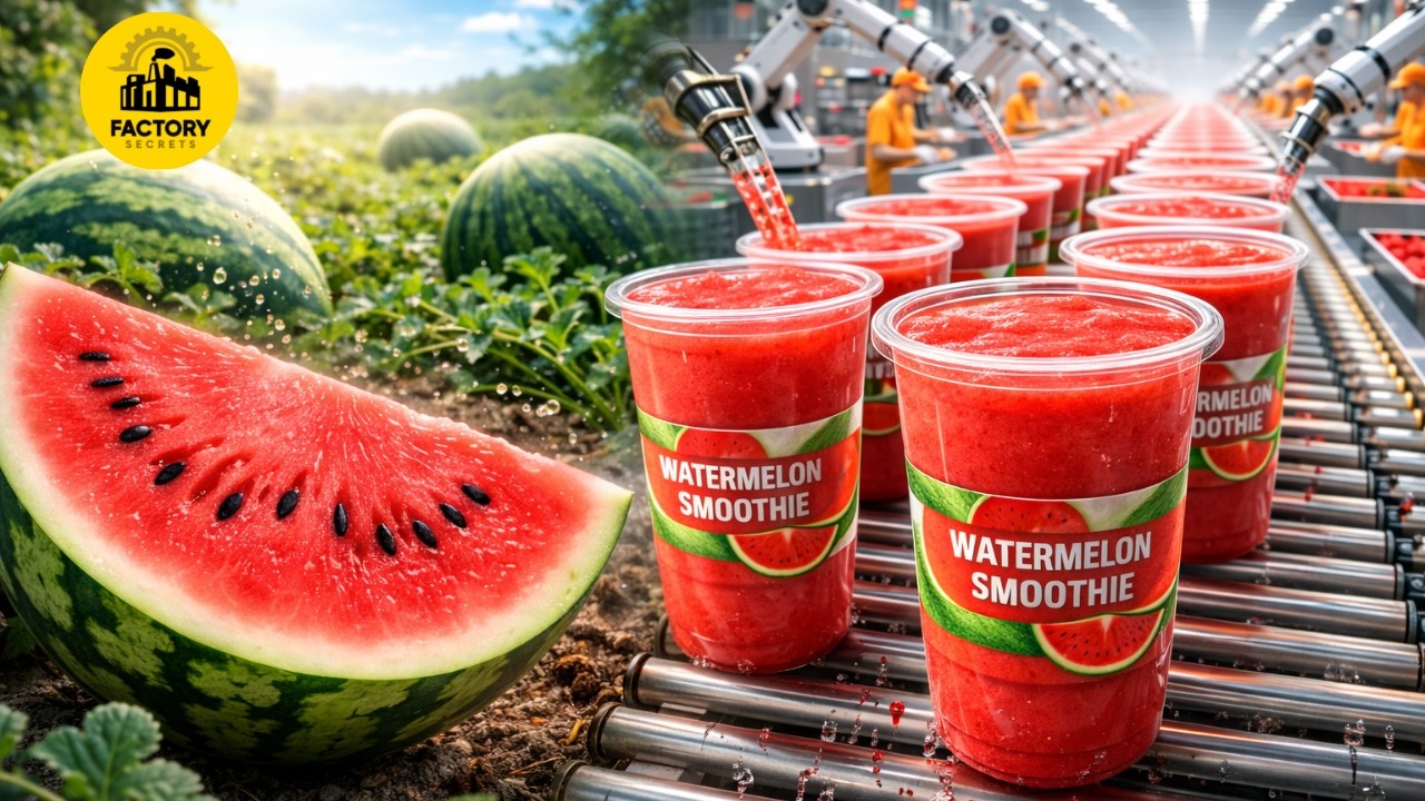 Secret Inside the Factory: Watermelon Smoothie Production Line, Raw Fruit to Fresh Cups