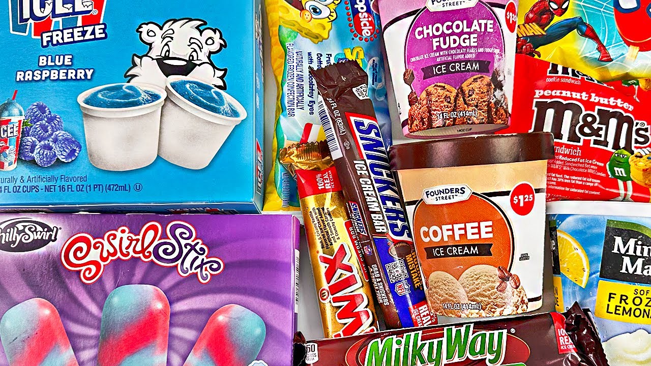 DOLLAR TREE FROZEN SNACKS Ice Cream Bars, Popsicle, M&M's Cookie Sandwich, Icee Blue Raspberry Cups