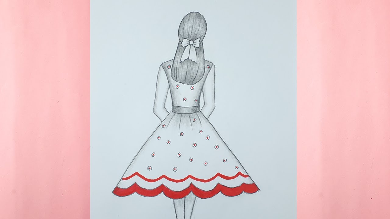 Easy girl drawing || A girl wearing beautiful dress and bow in hairstyle pencil sketch