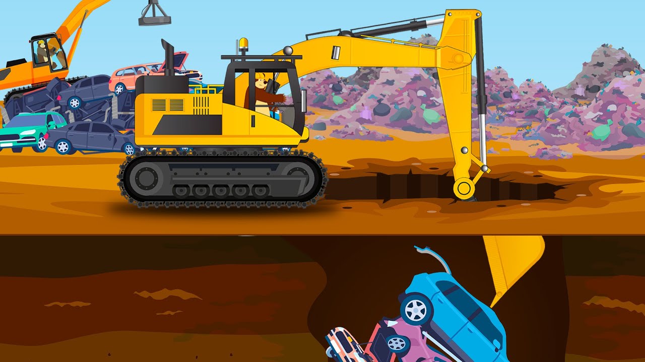 Excavator at work - Save cars that fell into a garbage dump | Construction Vehicles