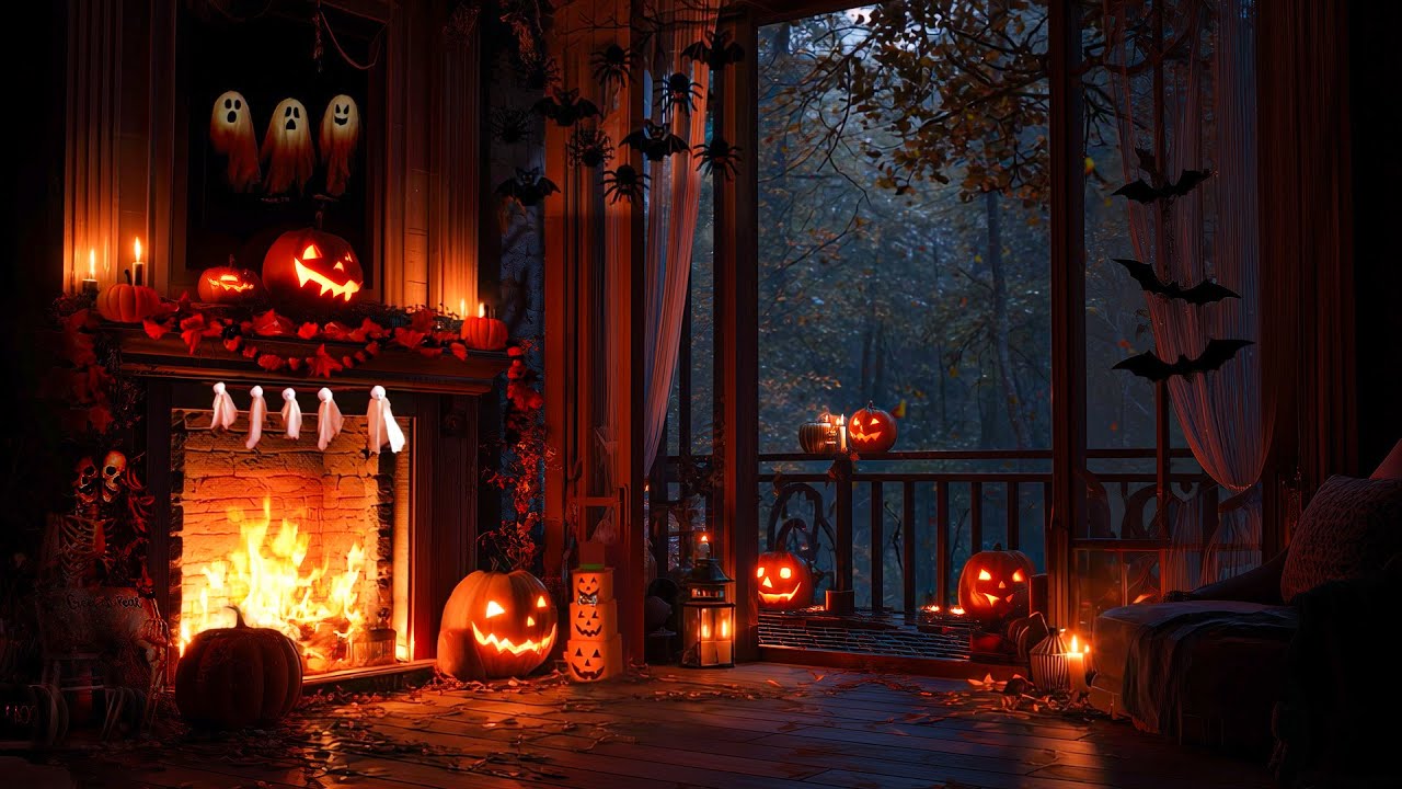 Cozy Halloween Balcony with Relaxing Spooky, Fireplace Crackles & Night Nature Sounds for Sleep🍂