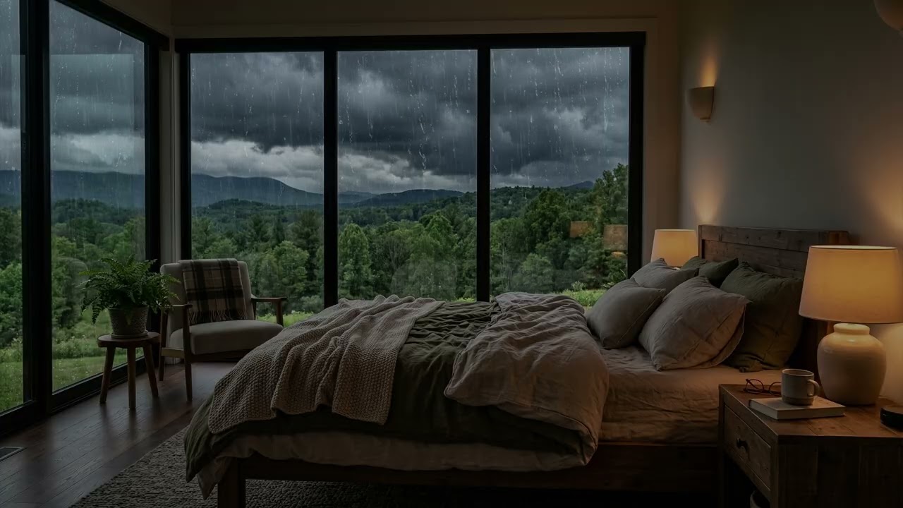 Gentle Rain 🌧️ Whispering Beyond The Bedroom Glass As Quiet Forest Trees 🌳 Rest