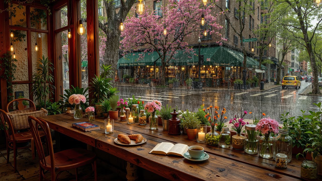 Gentle Spring Café Jazz 🌸 Rainy Window Coffee Ambience with Smooth Jazz for Calm Focus & Relax