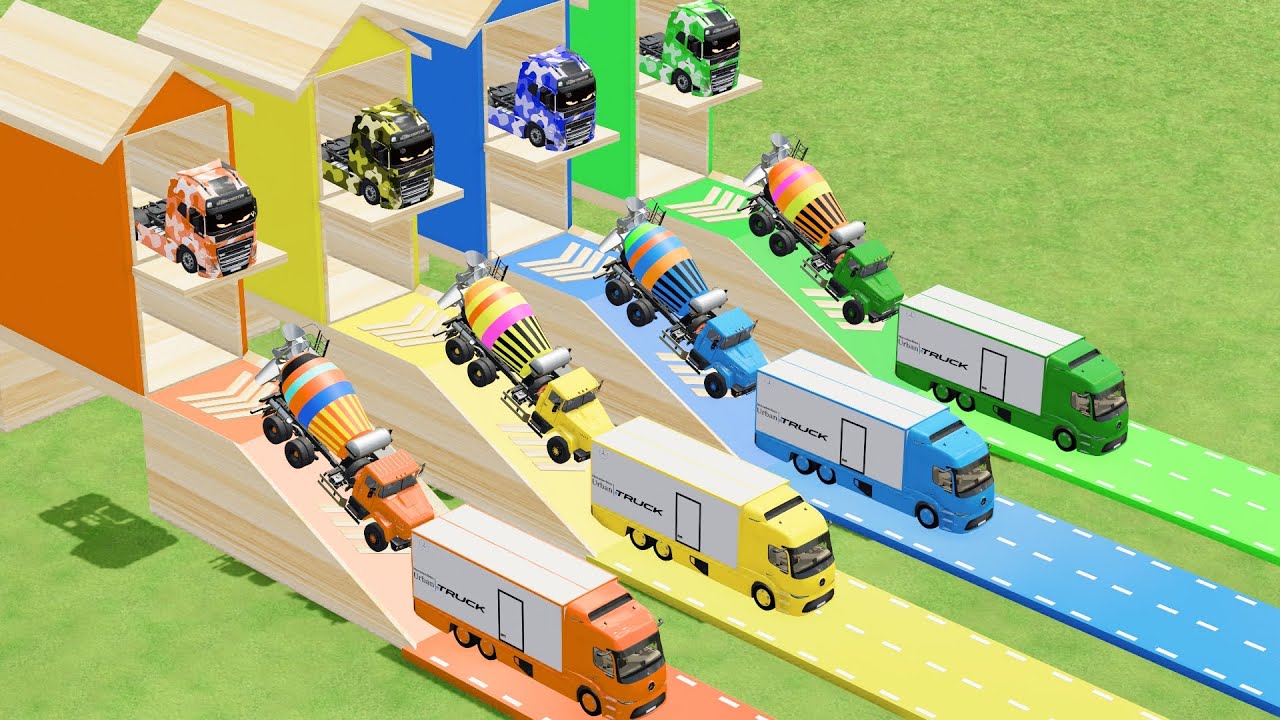 Garage with Colors - ALL MIXER TRUCK WITH DOUBLE FLATBED TRAILER TRUCK IVOCE, MARCEDEZ
