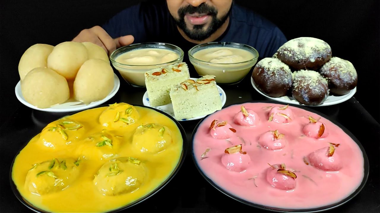 DESSERTS🤤! RASGULLA, MALAI CHOP, SHAHI KALOJAAM, STRAWBERRY RASMALAI, BORFI SONDESH MUKBANG EATING||