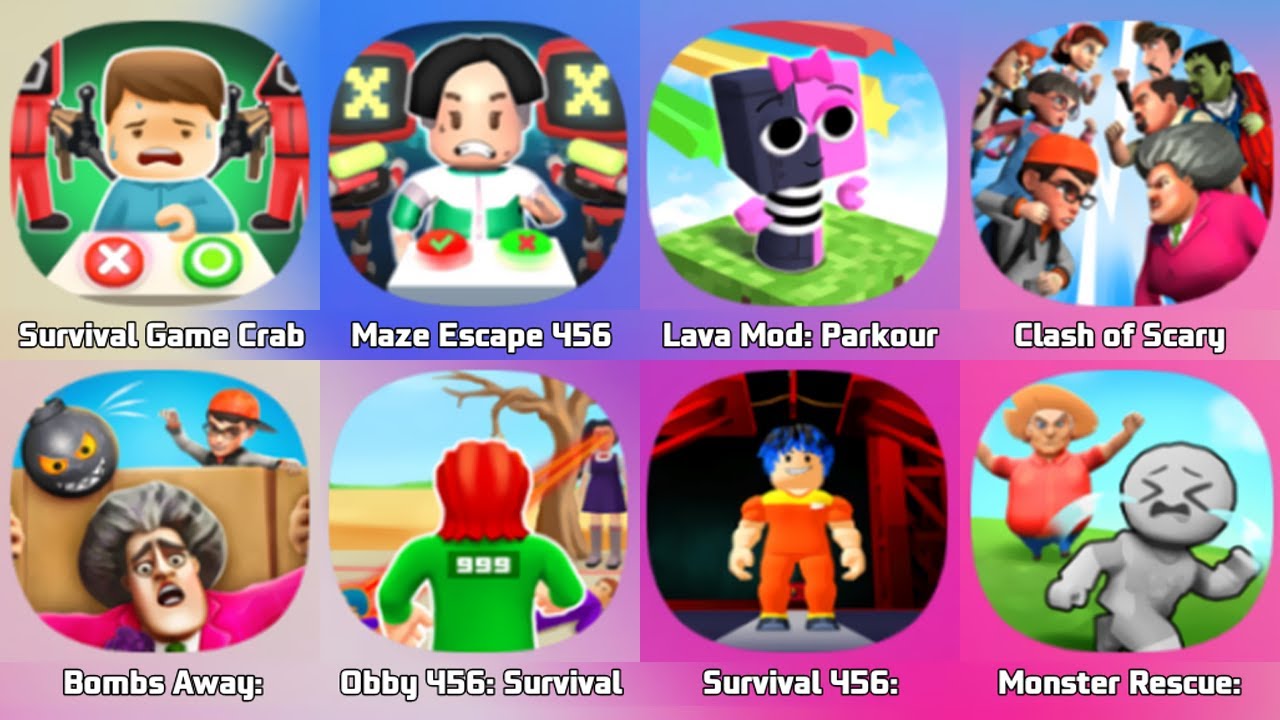 Survival Escape, Maze Escape 456 Challenge, Find The Blocks, Feed The Monster, Squid Game 2