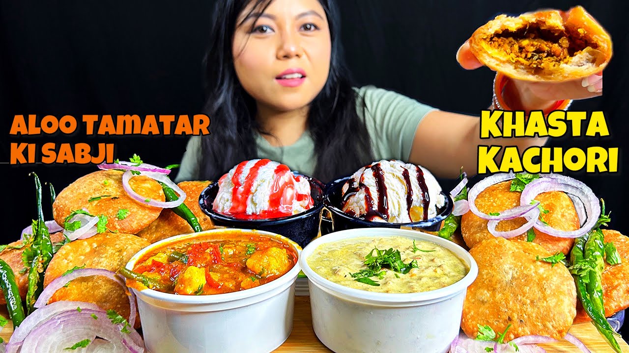 COOKING & EATING KHASTA KACHORI, ALOO TAMATAR SABJI, RAITA, ICECREAM | STREET FOOD | MUKBANG ASMR