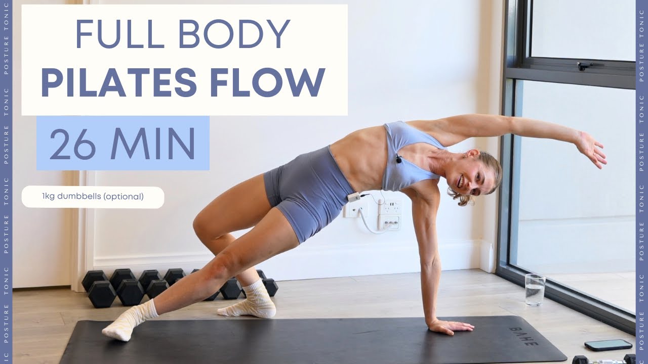 26 min FULL BODY PILATES FLOW: Gently strengthen & tone w 1kg dumbbells