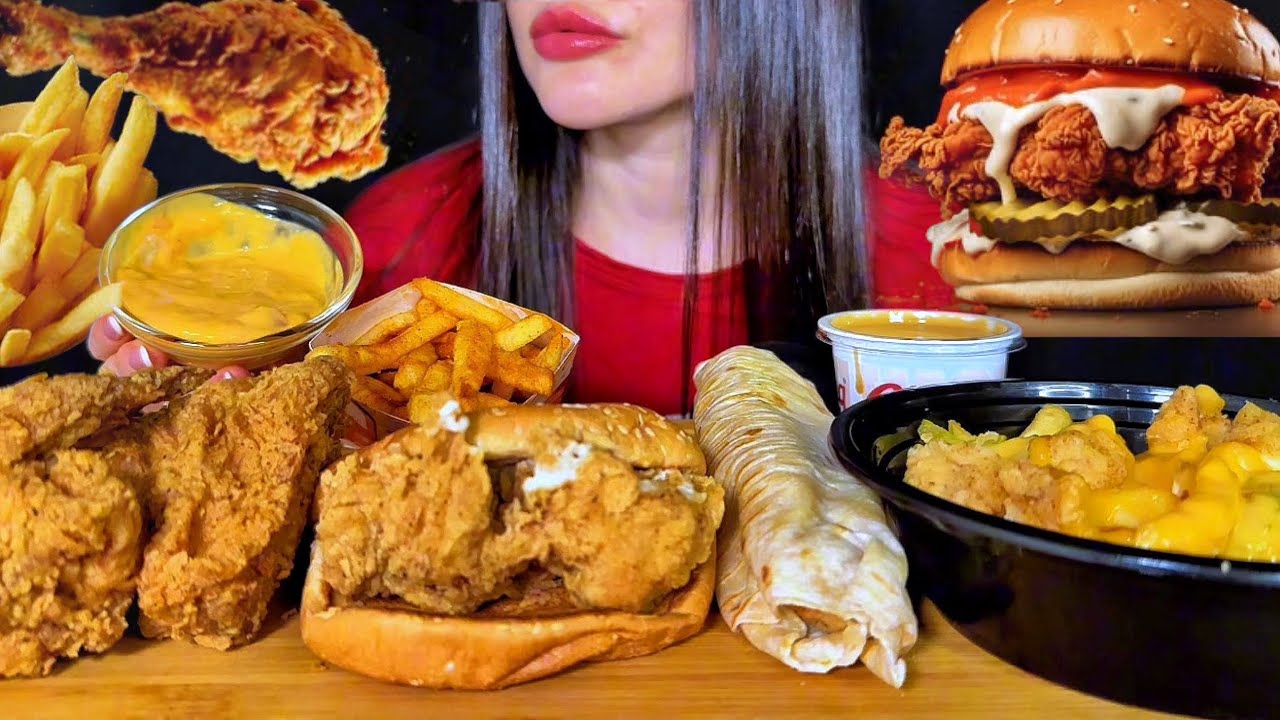 FAST FOOD | FRIED CHICKEN, CHEESY CHICKEN FRIES, BURGER SANDWICH | EATING ASMR MUKBANG