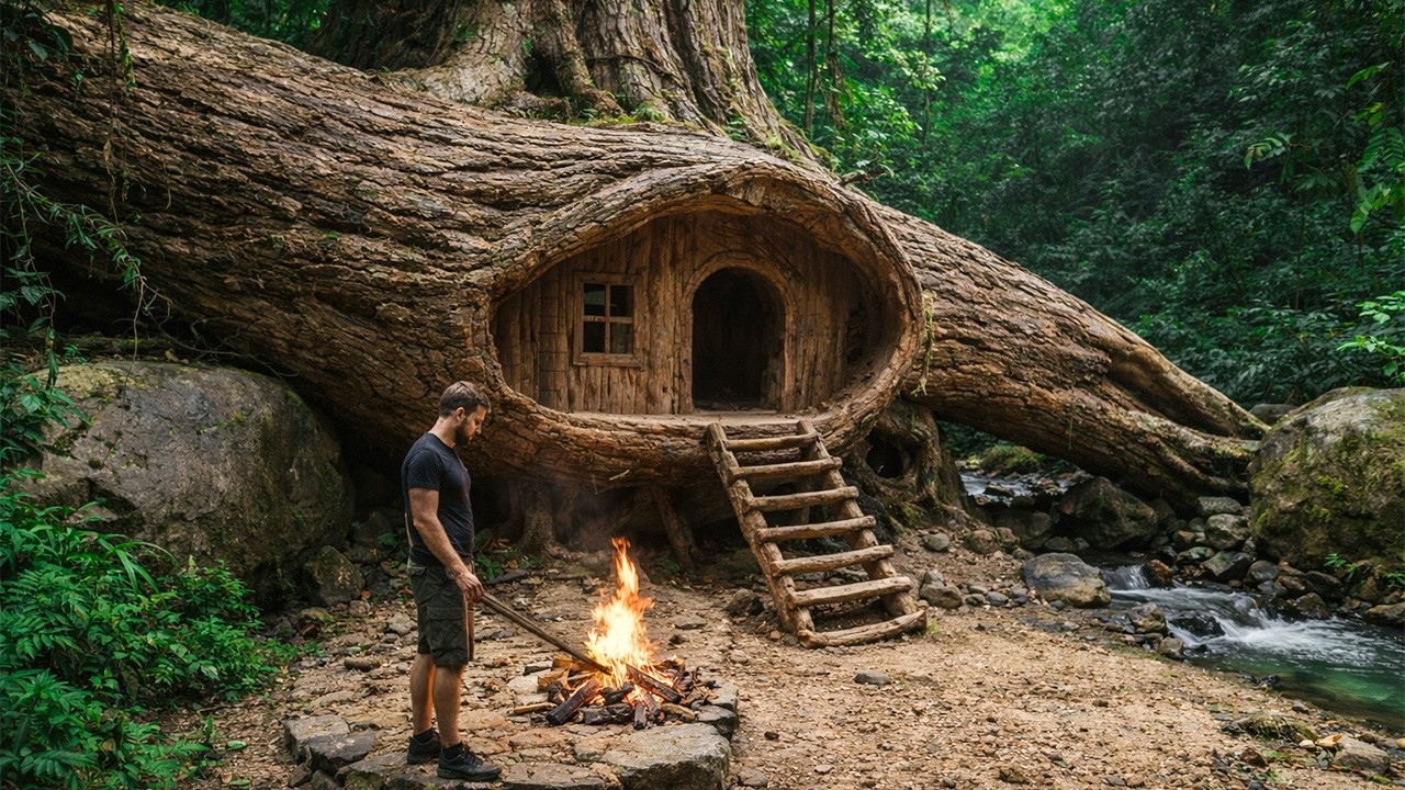 I Built a Hidden Shelter Inside a Hollow Tree. Secret Tree House, Bushcraft Survival