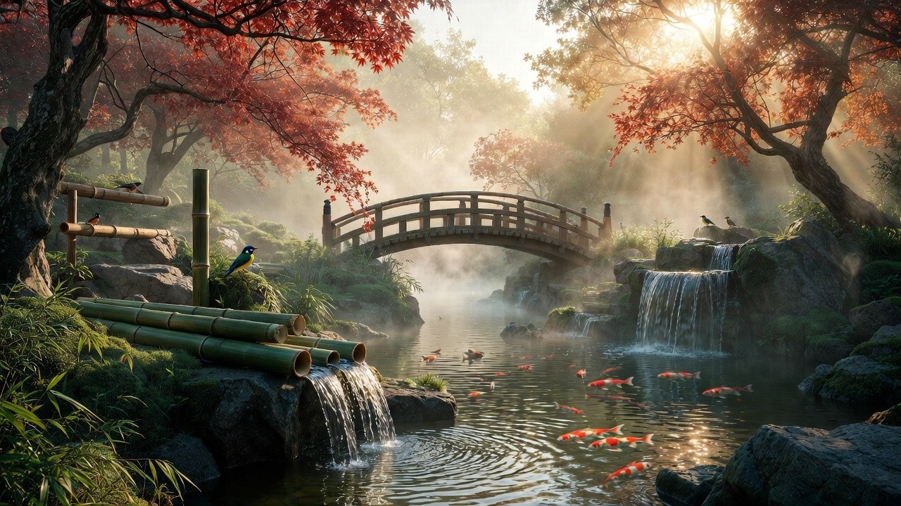 Relax Japanese garden sounds with Pomodoro bell (every 25 minutes)