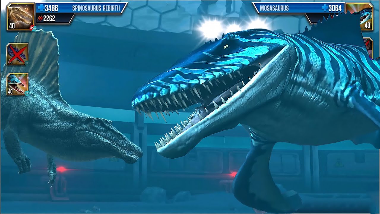 Spinosaurus Rebirth Vs Mosasaurus: The Ultimate Water Battle! Jurassic World The Game