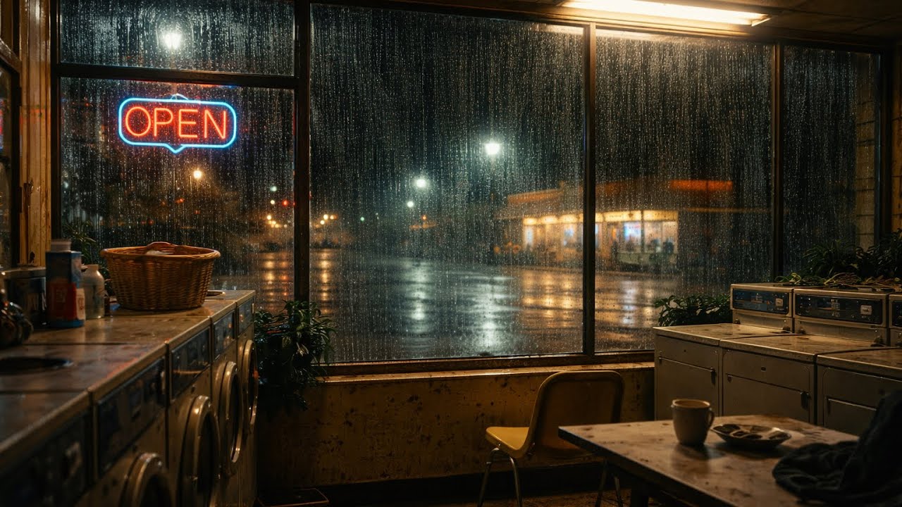 8 Hours of Rain at a Quiet Laundromat | Night Ambience for Sleep & Relaxation