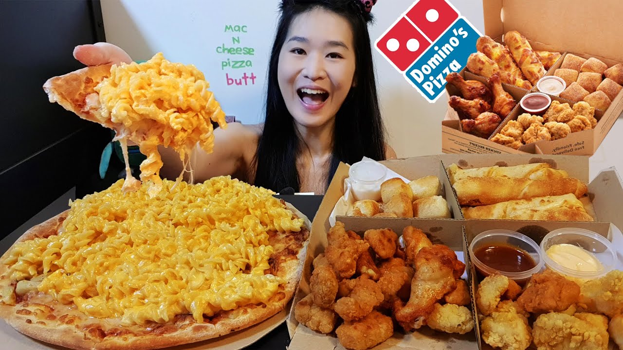 SO CHEESY! Domino's Mac N Cheese Pizza! Chicken Wings & Cheese Sticks - Cooking Recipe, Mukbang Asmr