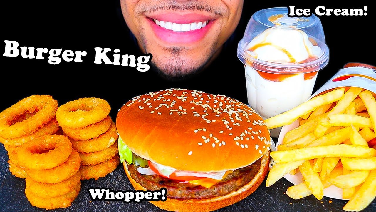 ASMR BURGER KING IMPOSSIBLE WHOPPER CHEESE CRISPY ONION RINGS FRIES ICE CREAM CARAMEL MUKBANG JERRY