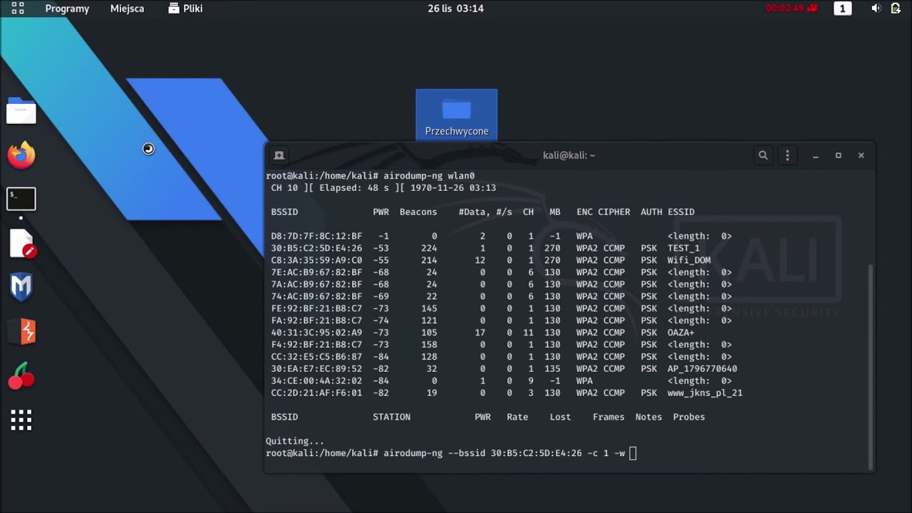 1.2. Airodump-ng, aireplay-ng - przechwytywanie pakiet&oacute;w i analiza sieci Wi-Fi w naszym otoczeniu