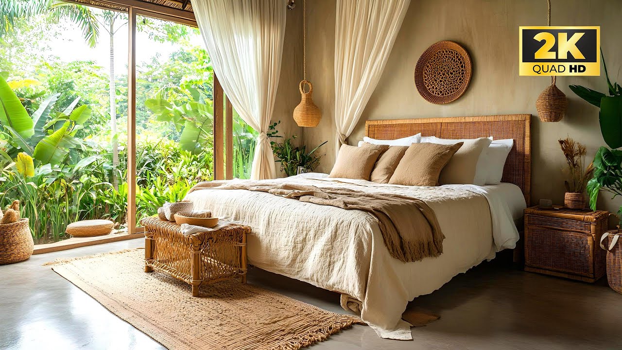 Dormitorio Rústico con Decoración de Ratán, Abierto al Jardín para un Sueño Relajante y Reparador
