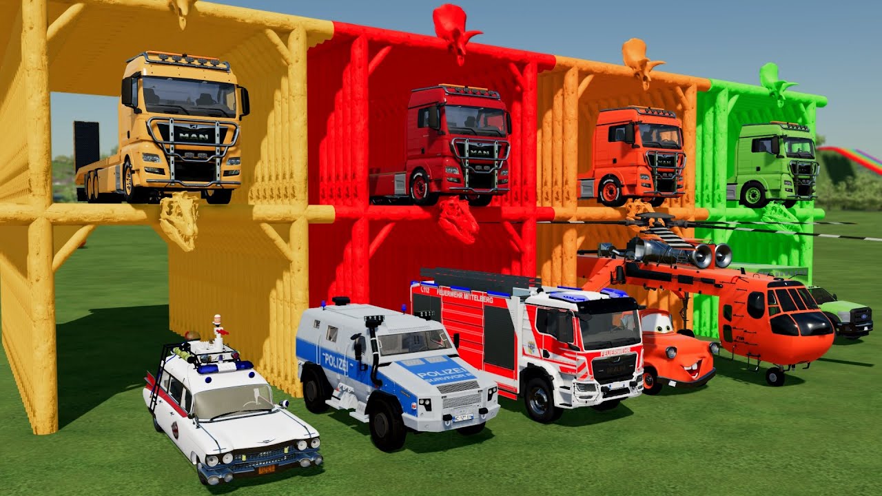 TRANSPORTING POLICE CARS, FIRE TRUCKS and AMBULANCE with MAN TRANSPORTERS! Farming Simulator 22