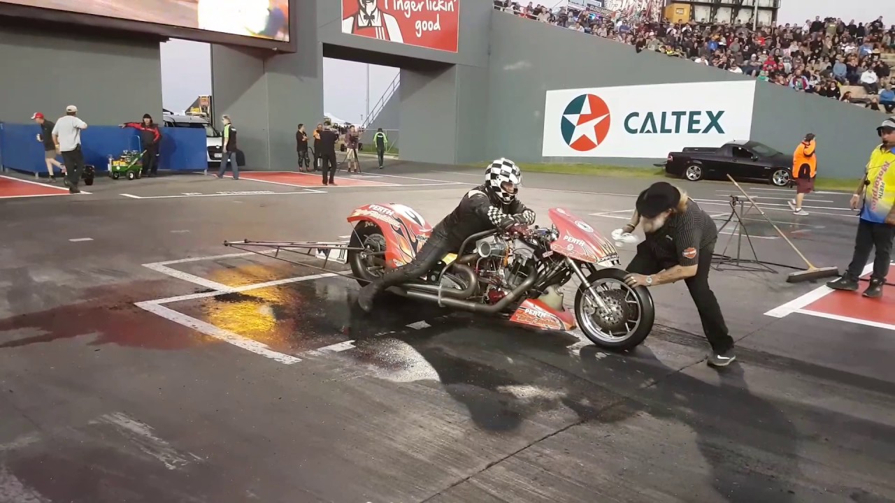 Mark Drew's nitro Harley blasts a 6.56 Perth Motorplex Outlaw Funny Car event