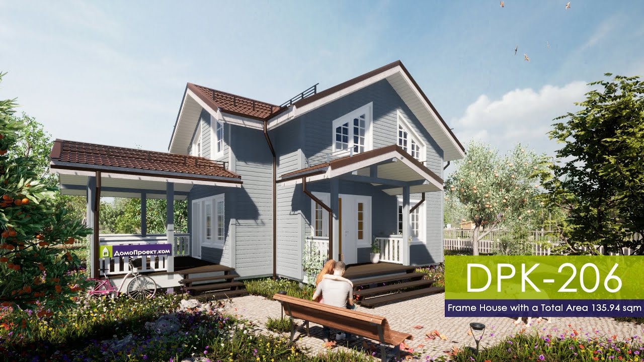 Review of the project of a modern frame house. Country house. Visualization. DomoProekt.com