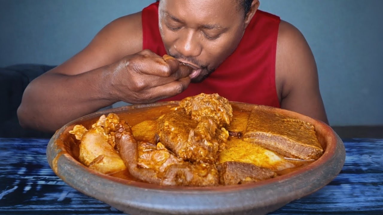 Fufu with Peanut spinach goat meat soup mukbang, African food mukbang