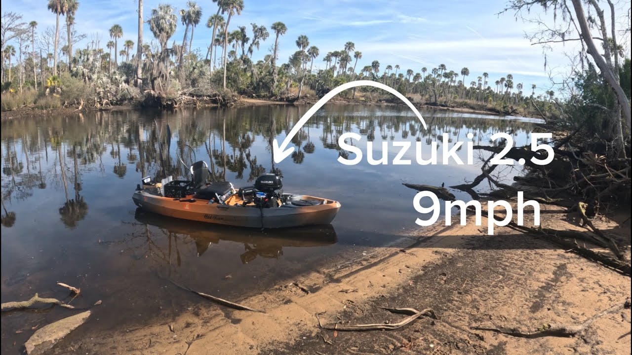Old town 106 kayak with Suzuki 2.5 outboard. Top speeds and testing.