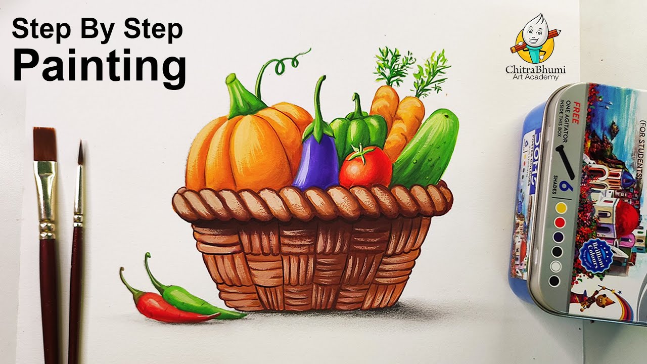 Realistic Vegetable Basket Drawing To Coloring Step By Step | How To Draw Using Poster Color