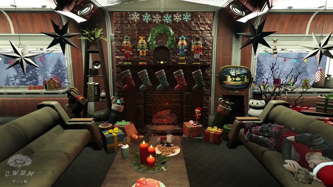 Fallout Christmas Ambience ❄ Cozy Vault Fireplace • Snowstorm Night • Smooth Jazz Relaxation