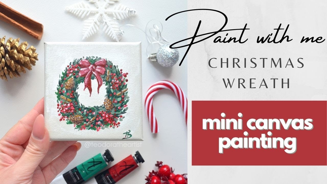MINI CANVAS PAINTING 🎄 Christmas Wreath 🎀 Easy Acrylic Painting Ideas for the Holidays