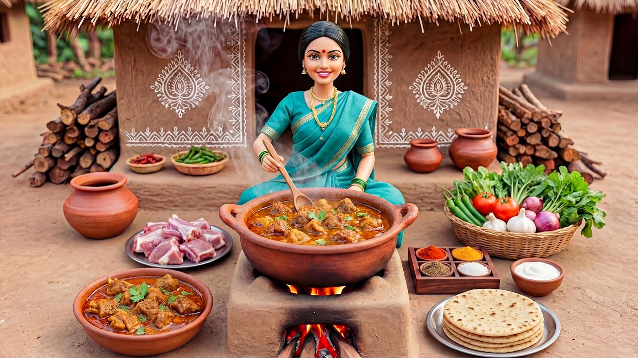🔥🍲 Miniature Doll Makes Creamy Mutton Korma | Indian Village Tiny Kitchen ASMR