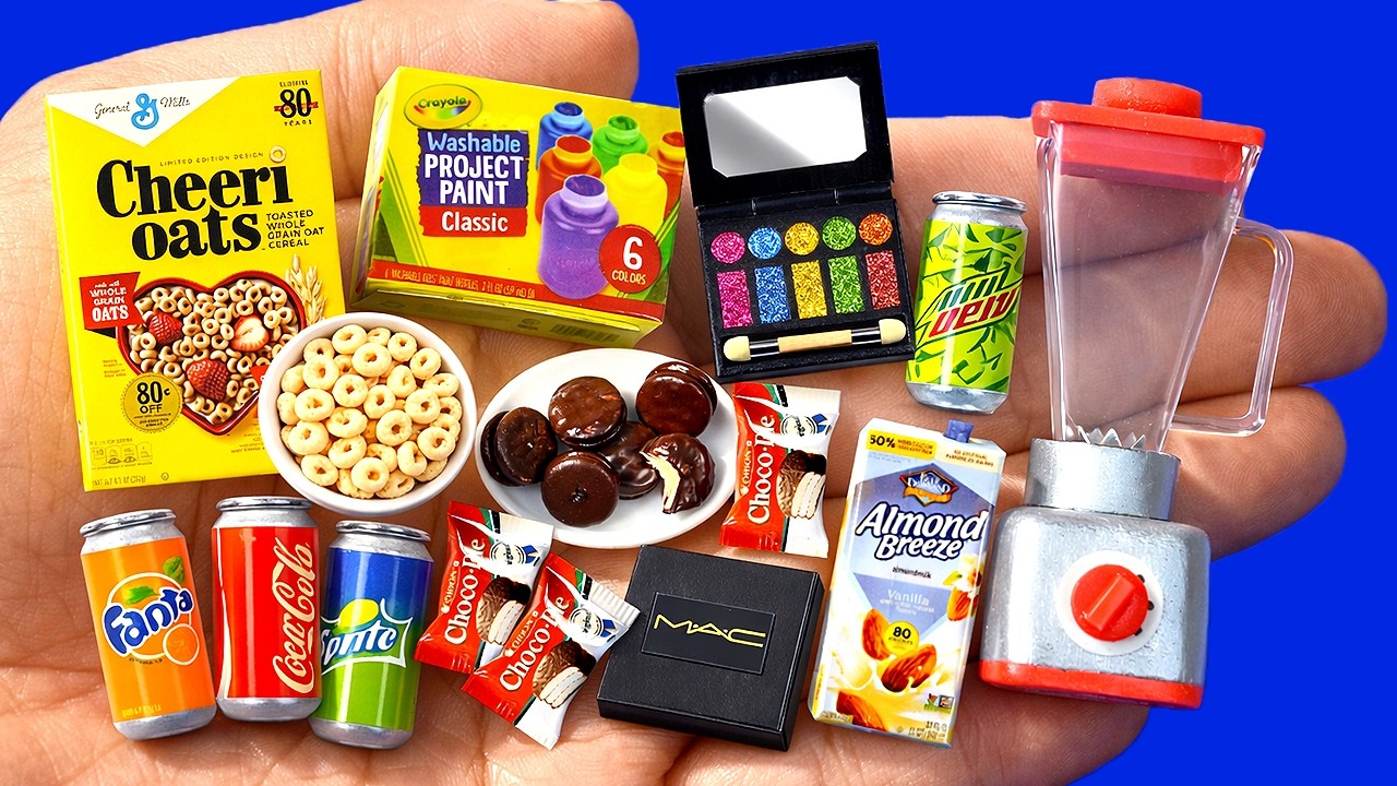 DIY Miniature Doll Food Coke Can Crayola Paint Cheeri Oats Choco Pie Mac Makeup Miniature Blender