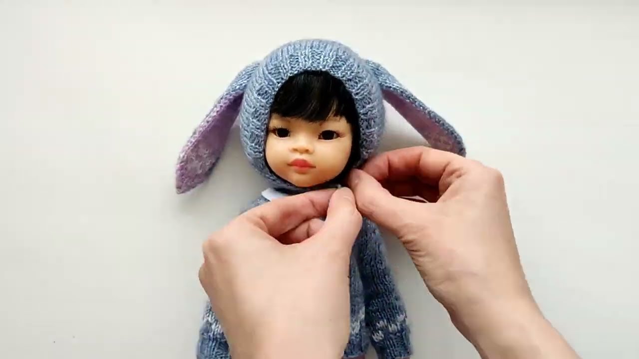 Clothes for Paola Reina doll: knitted bunny hat and cardigan, blouse, overalls, socks and boots