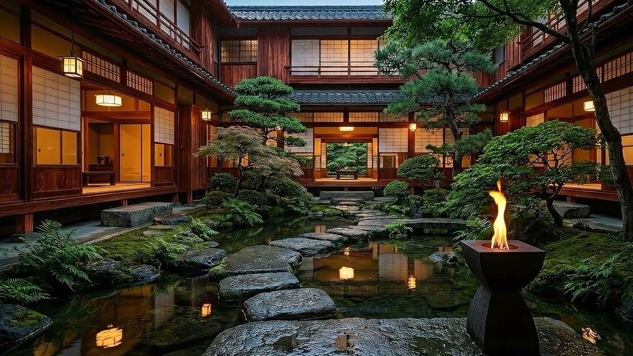 Japanese Garden Courtyard | ONLY Fireplace & Birds sounds (No music) | Relaxation, Study & Sleep