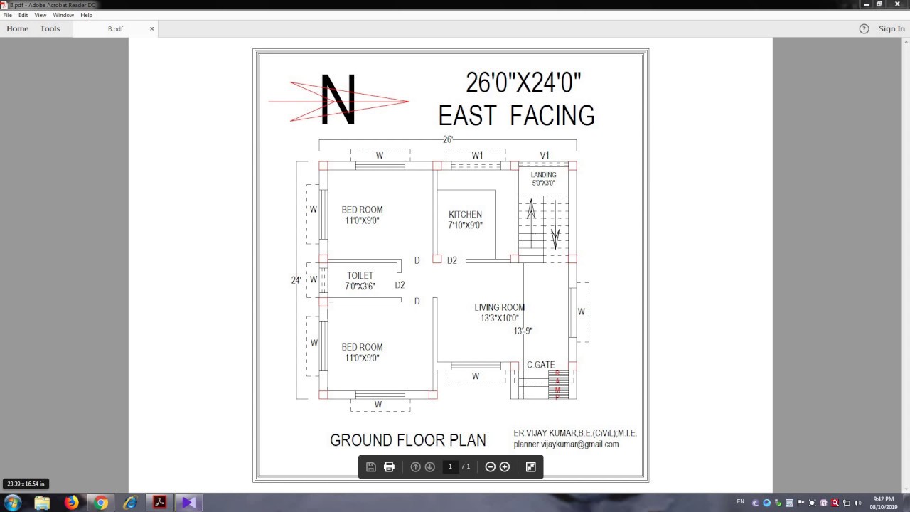 26X24  East Facing  2BKH affordable Home Plan