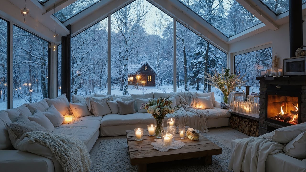 🌸🎹 Floral Lounge Piano Snow | White Floral Lounge & Warm Fire 4 Hours | Stress Relief, Healing Relax