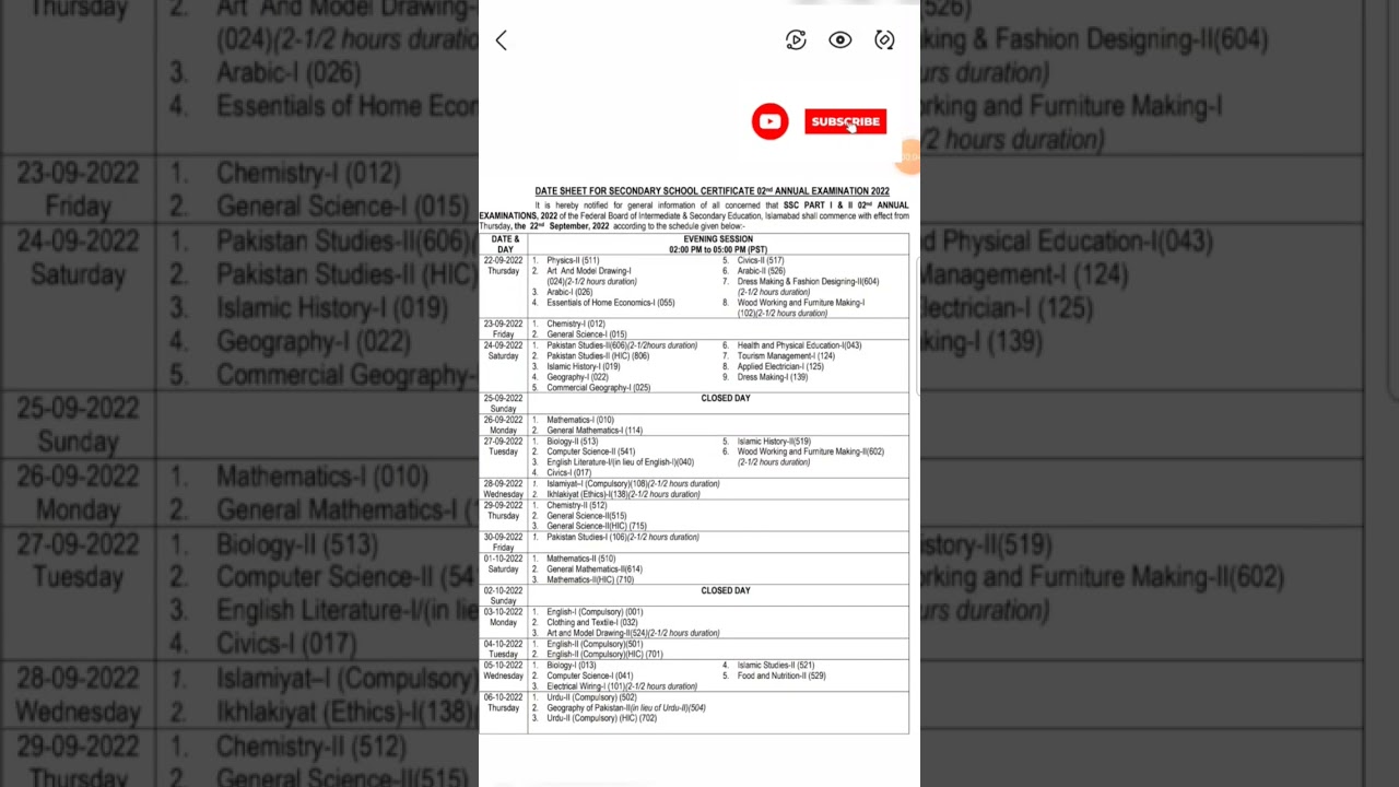 Date Sheet 2nd Annual Exam 2022 Federal Board | Fazal Academy Shorts, Shorts