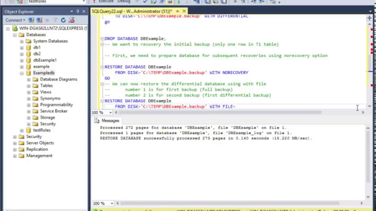 Creating and restoring a differential backup in Microsoft SQL Server 2016