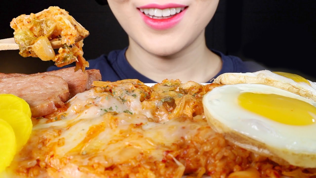 ASMR Cheesy Kimchi Fried Rice with Ham and Eggs Eating Sounds Mukbang