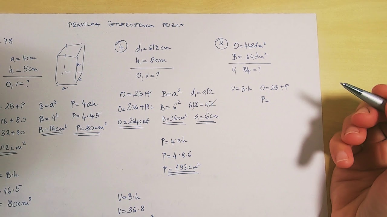 Matematika 8. razred - Pravilna četverostrana prizma - zadatci