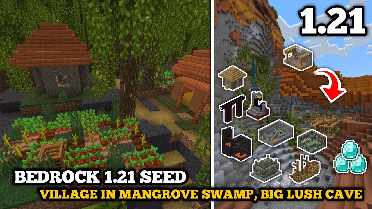 [Bedrock Seed] Minecraft 1.21 Seed - Village in Mangrove swamp, Big lush cave, 2 Bastion Nearby