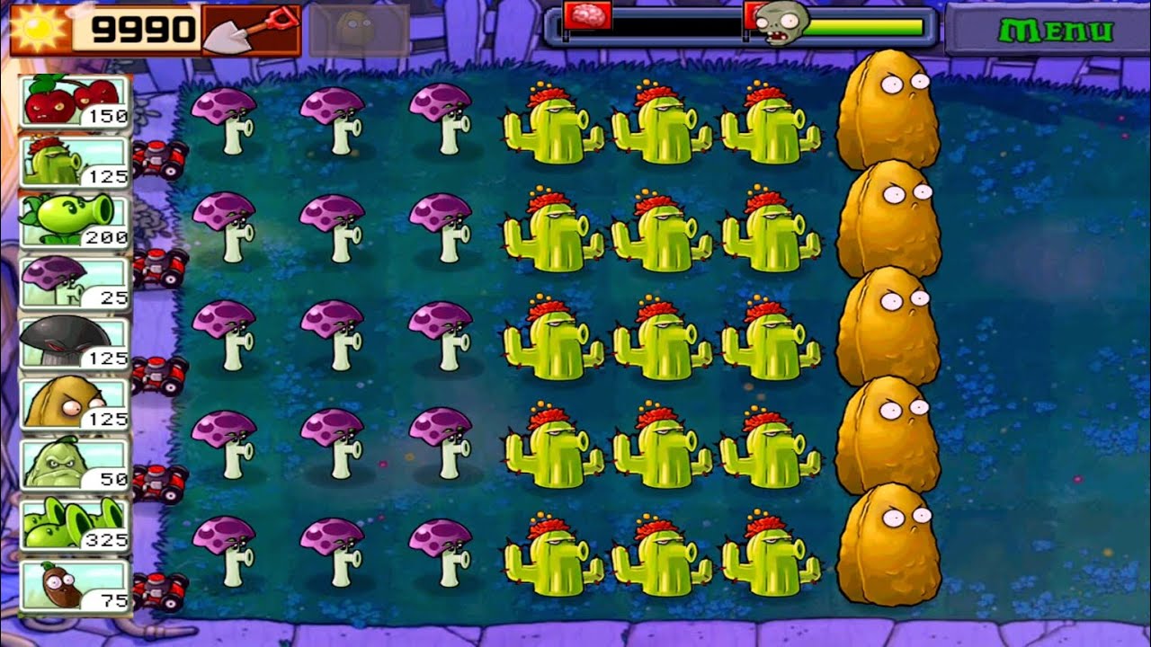 PVZ MOD | [SCAREDY SHROOM AND CACTUS] NIGHT LEVEL 1/2 GAMEPLAY IN 10:27 MINUTES | FULL HD