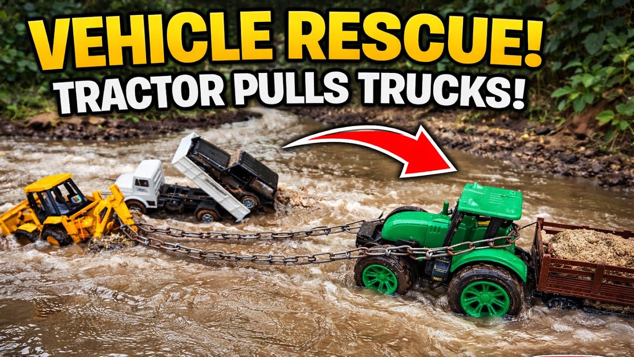 Tractor Pulls Heavy Trucks from Deep River | Tractor Cartoon | JCB Cartoon | MT Toys